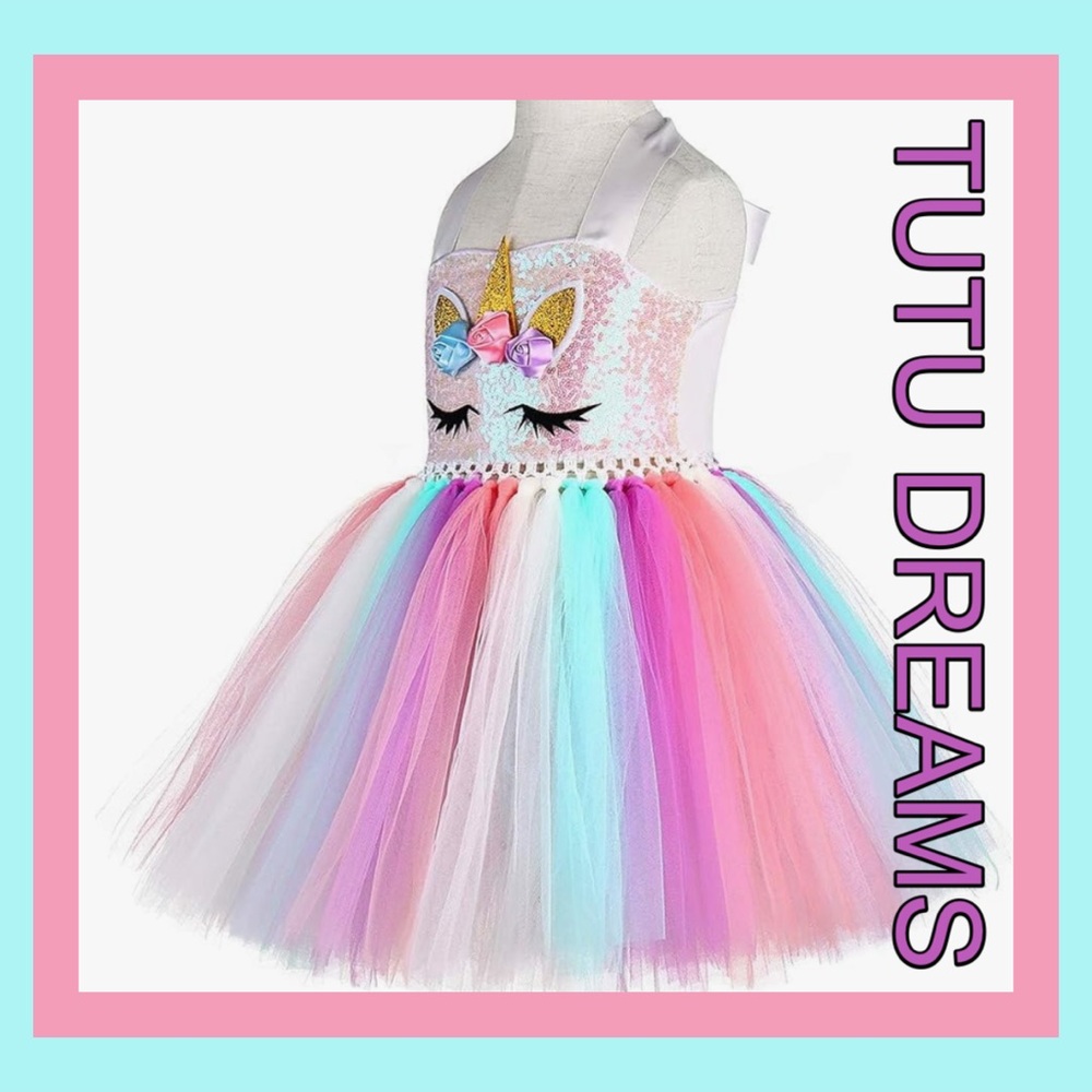 🦄 Unicorn Tutu Dreams Toddler Girls Dress with Pastel Tulle / Tie Neck Sz 3-4